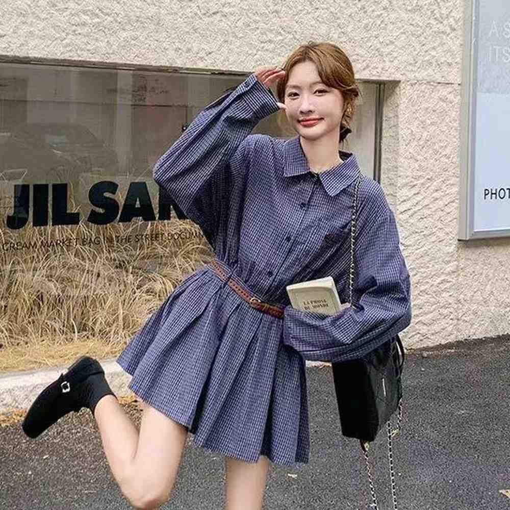 checkered casual dress long sleeved loose fitting women top