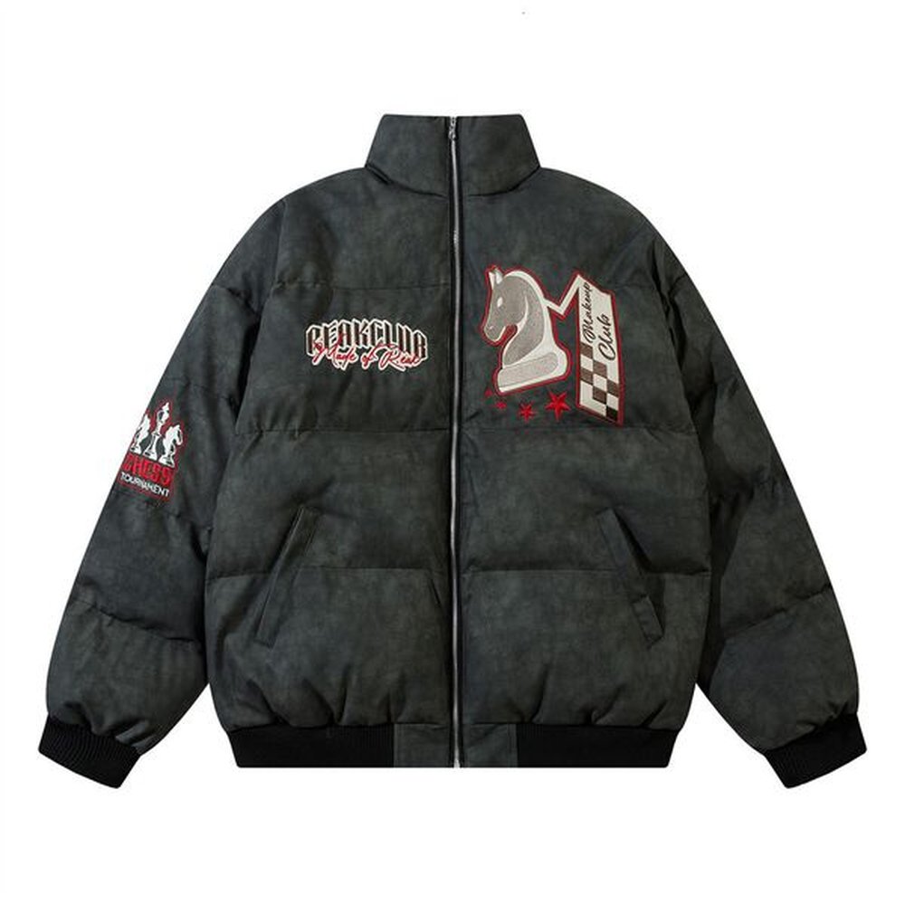 Chess pattern embroidery PU leather cotton jacket for boys in winter, thick American style street loose stand up collar bread jacket 59