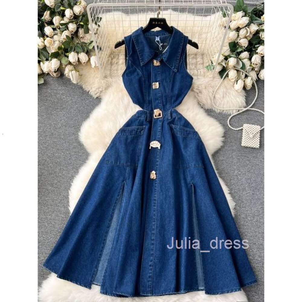 chic denim dress womens design sense button cut hollow slim