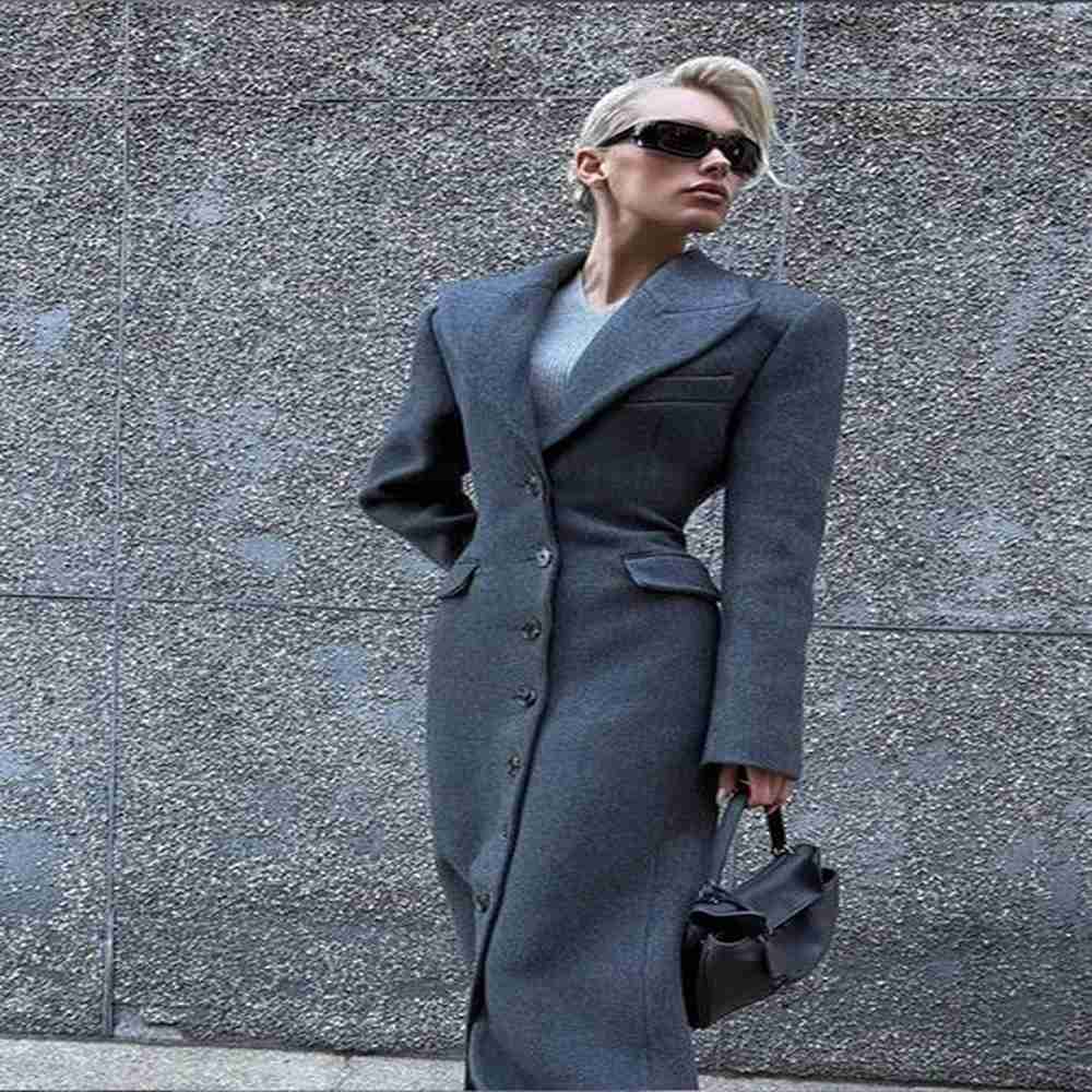 chic grey single breasted full sleeve wool jackets womens casual