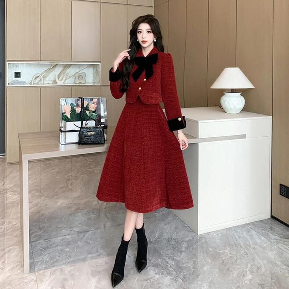 chic high quality piece set women tweed wool autumn