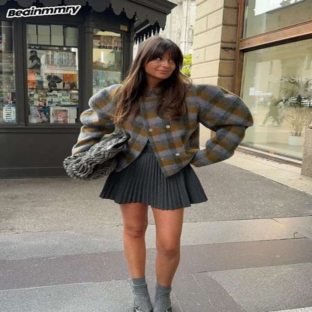 chic plaid round neck woolen blends puff sleeve coat women