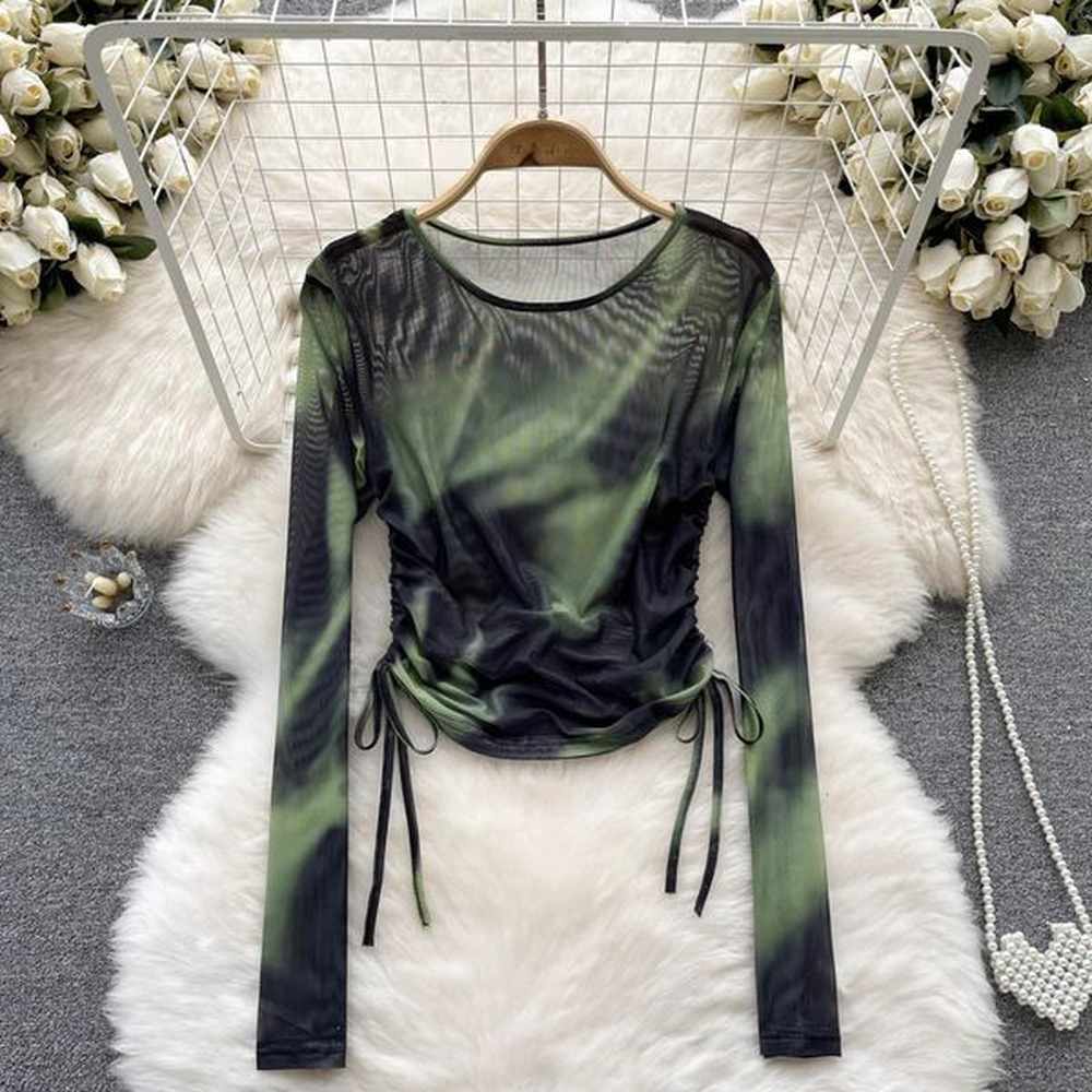 chic tie dye print mesh t shirt drawstring bandage vintage