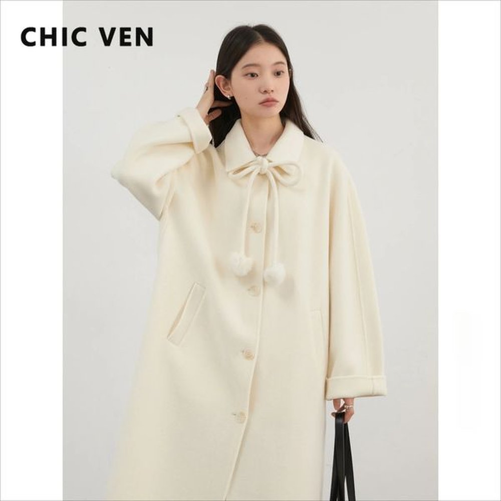 CHIC VEN Korean Womens Wool Coat White Loose Solid Single Breasted Female Long Doublesided Overcoat Autumn Winter 2024 241213