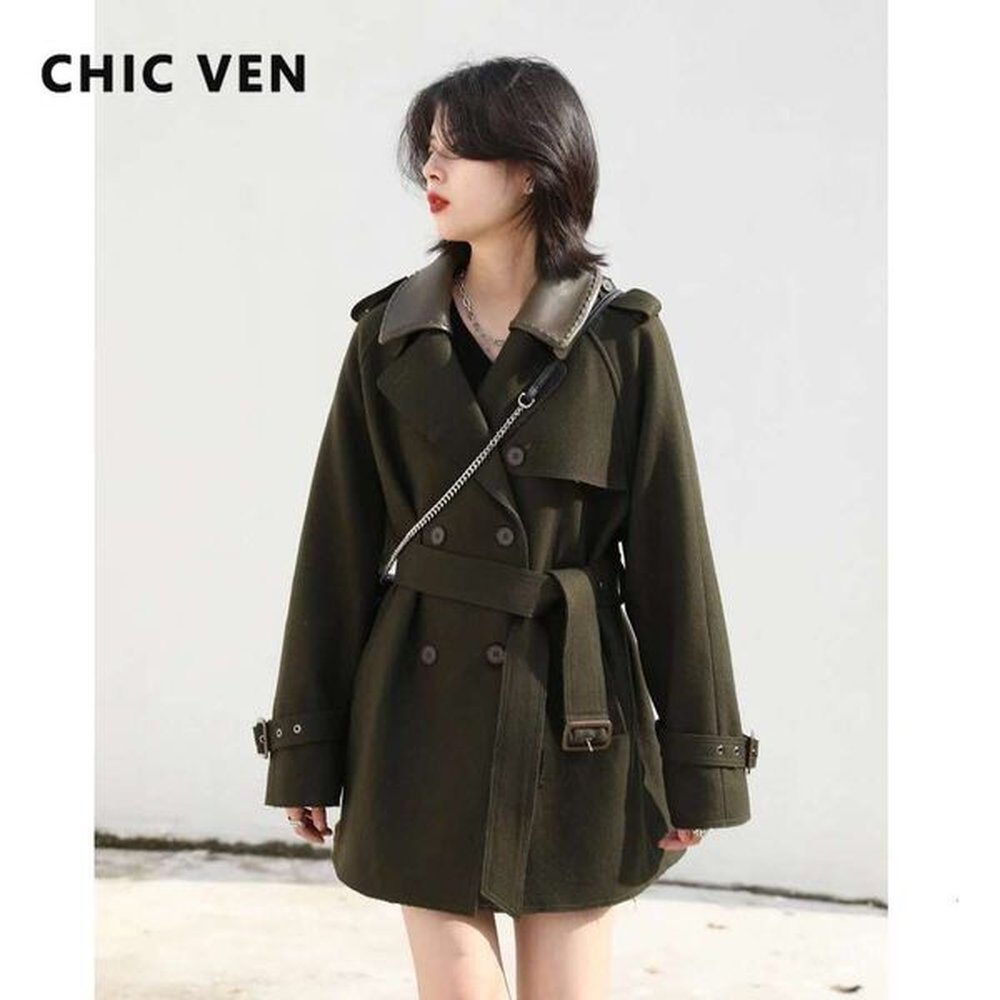 chic ven women coat loose solid double collar waist belt