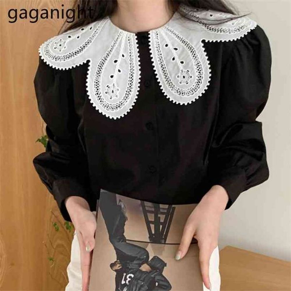 chic vintage crochet lady shirt puff sleeve single breasted loose