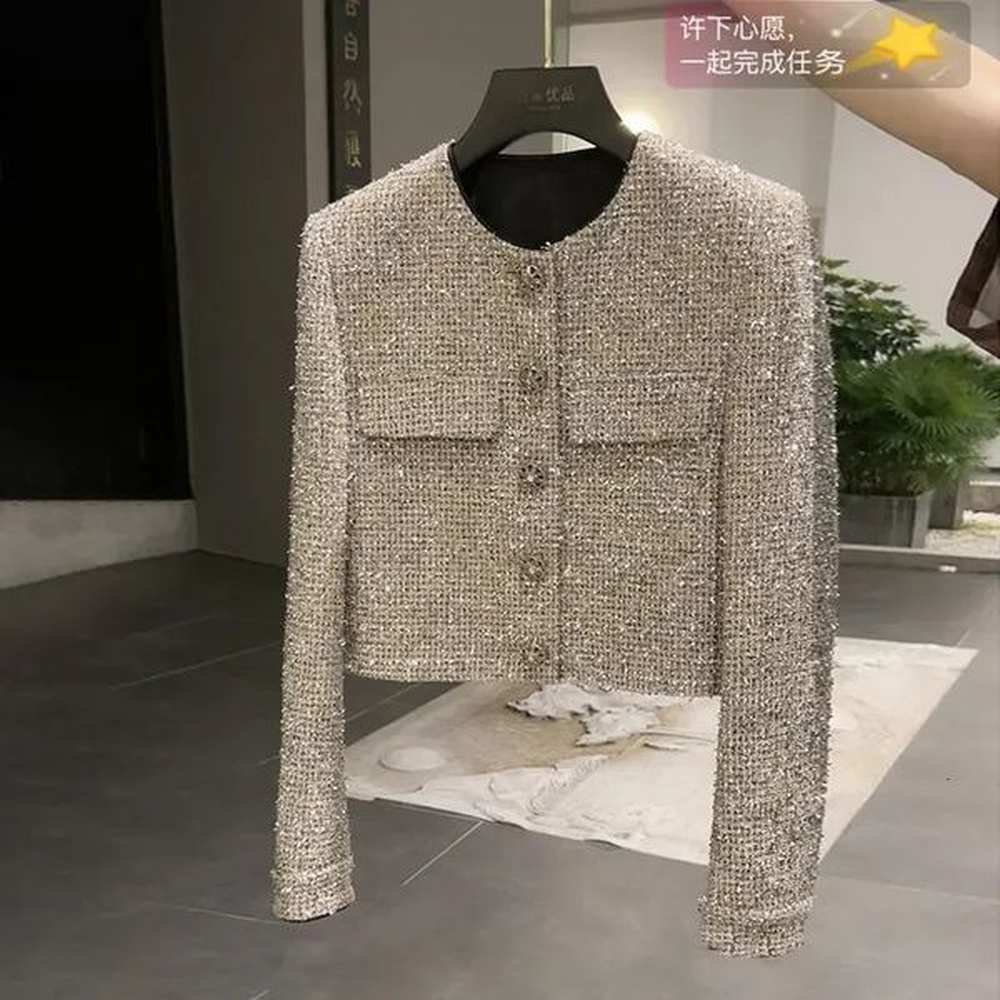 chic women bright thread woven tweed blazers coat autumn short