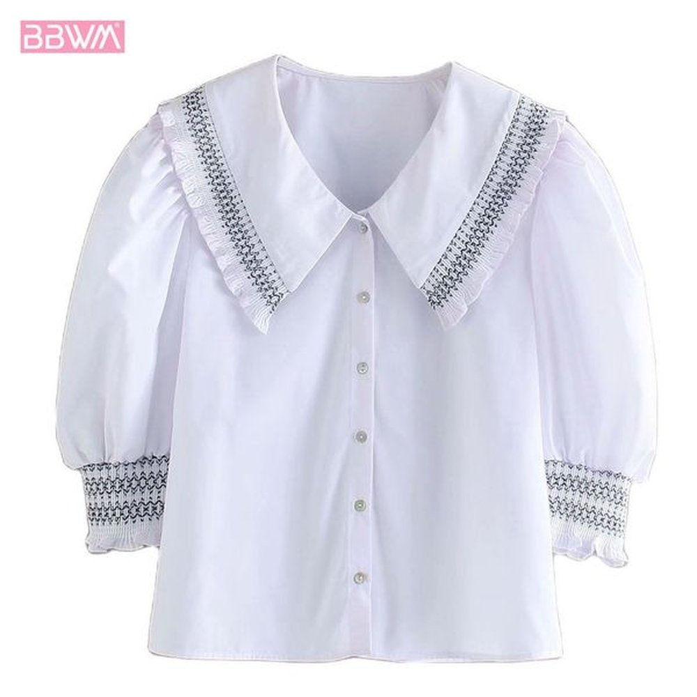 chic women lapel half sleeve puff sleeve contrast poplin shirt