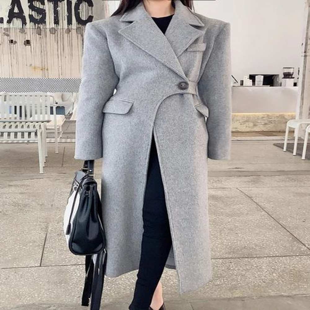 chic womens wool blend long coats stylish irregular overcoats