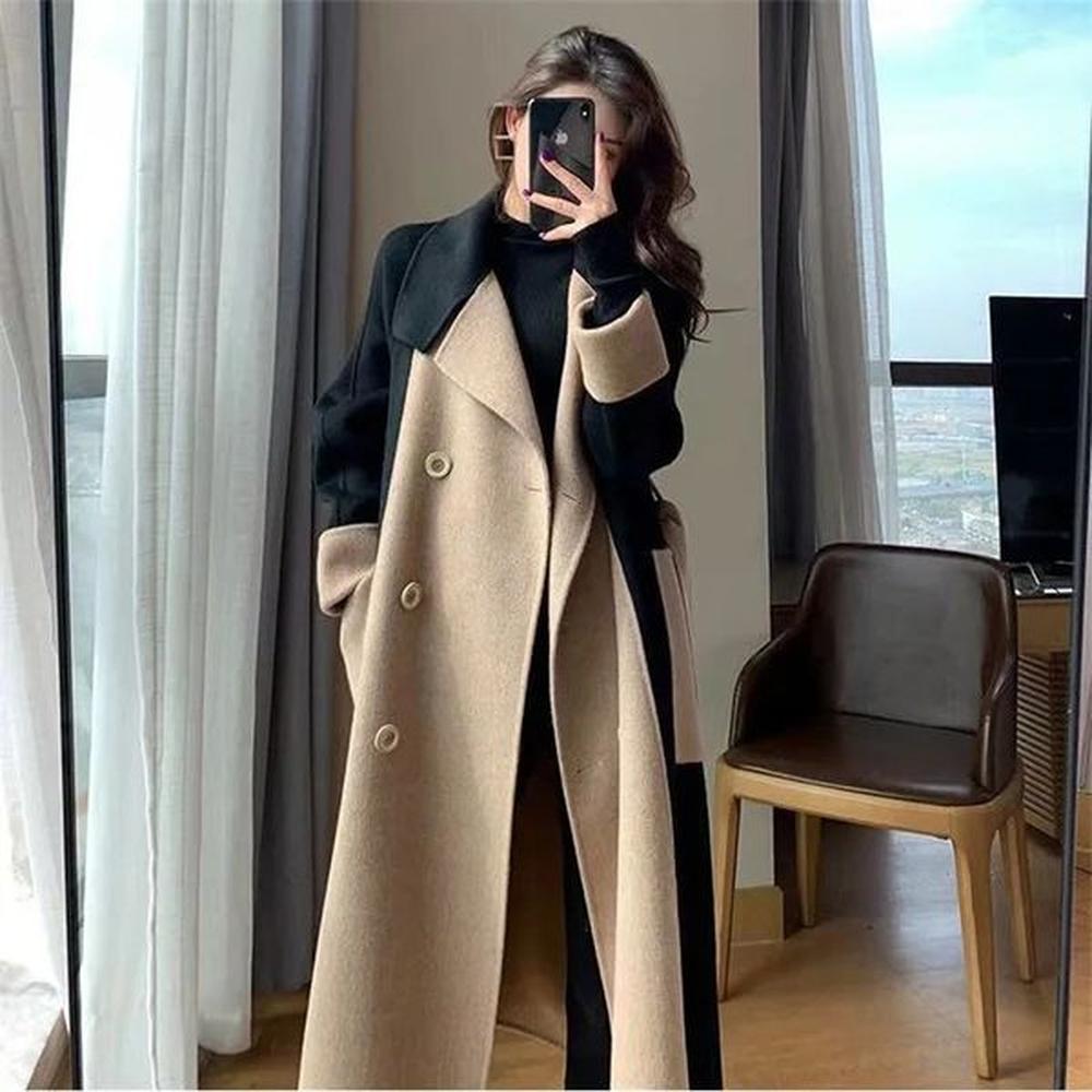 chic woolen patchwork trench coat for women doublebreasted cardigan antiwrinkle