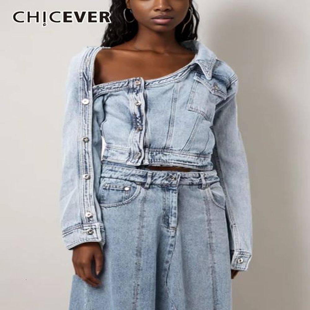 chicever streetwear denim jackets for women lapel long sleeve single