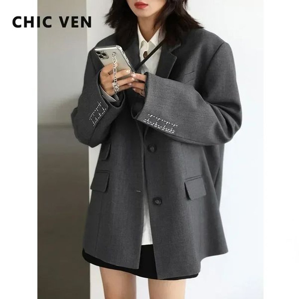 chicven women office lady blazer cuff embroidery wide shoulder twill