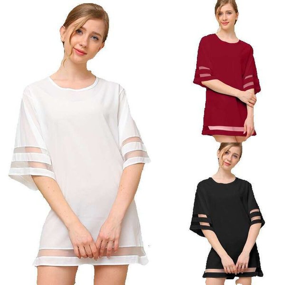 chiffon mesh spliced flare sleeves loose round neck womens