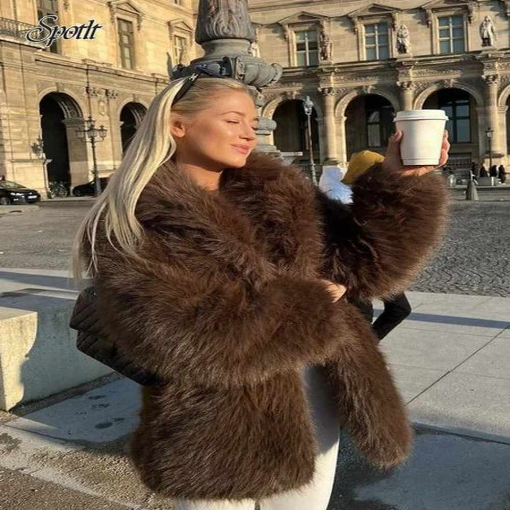 chocolate fluffy warm faux fur coat women elegant winter