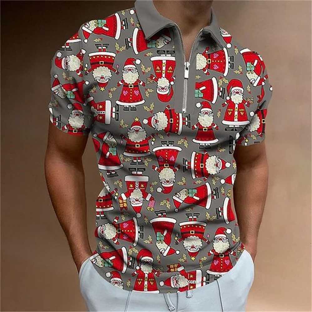 2025 Christmas Polo Shirts Men Casual Short Sleeve Tops Santa Claus 3d Print Zip Lapel Shirt Oversized Polo T-Shirt Men Clothing 241126