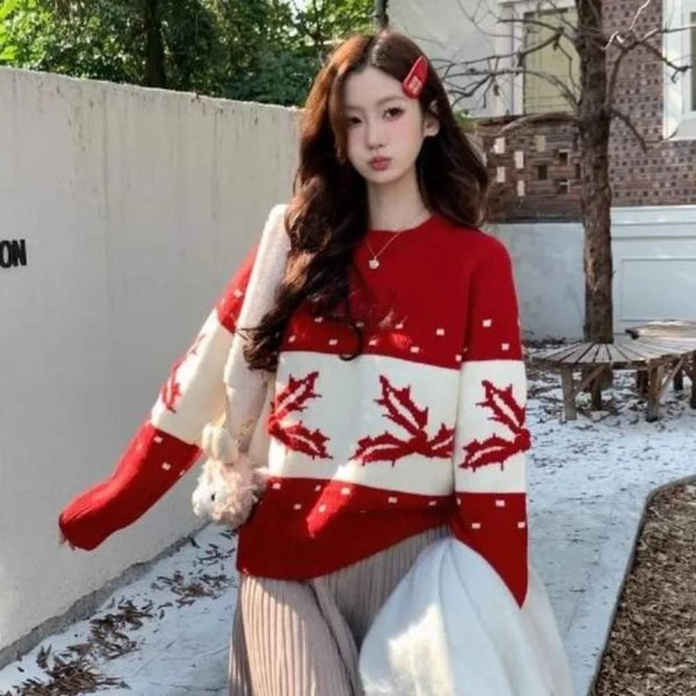 christmas red oneck knitted floral womens autumn and winter fashion