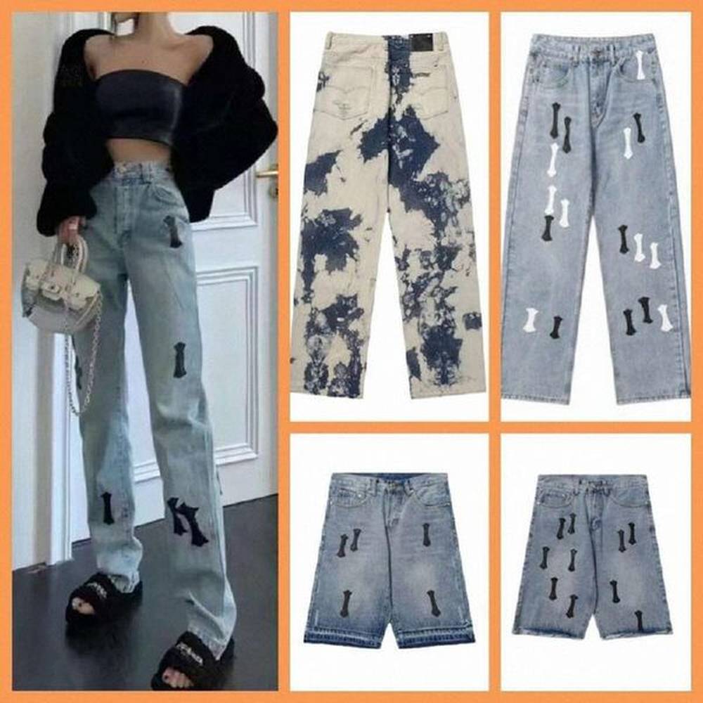 chrome jeans Spring Summer Chrome New Cross Splice Leather Jeans Heartsss Straight Leg Pants High Street Polo Couple Ins Style Ksubi Spider