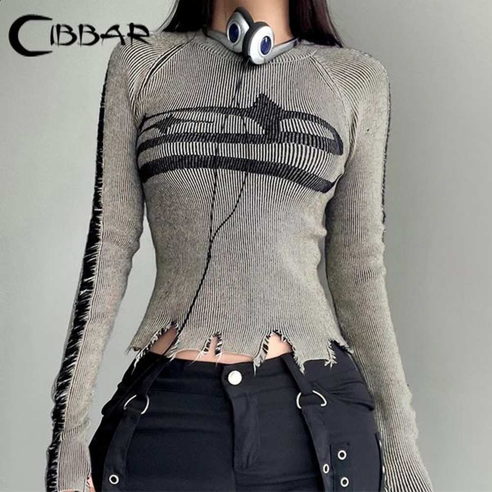 cibbar vintage ripped stitched sweater pullovers harajuku print full sleeve