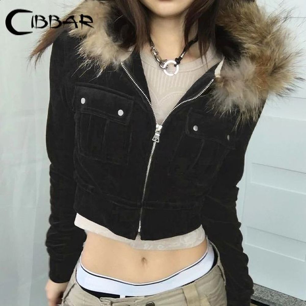 cibbar yk furry stitching hooded hoodies vintage s zipup cropped