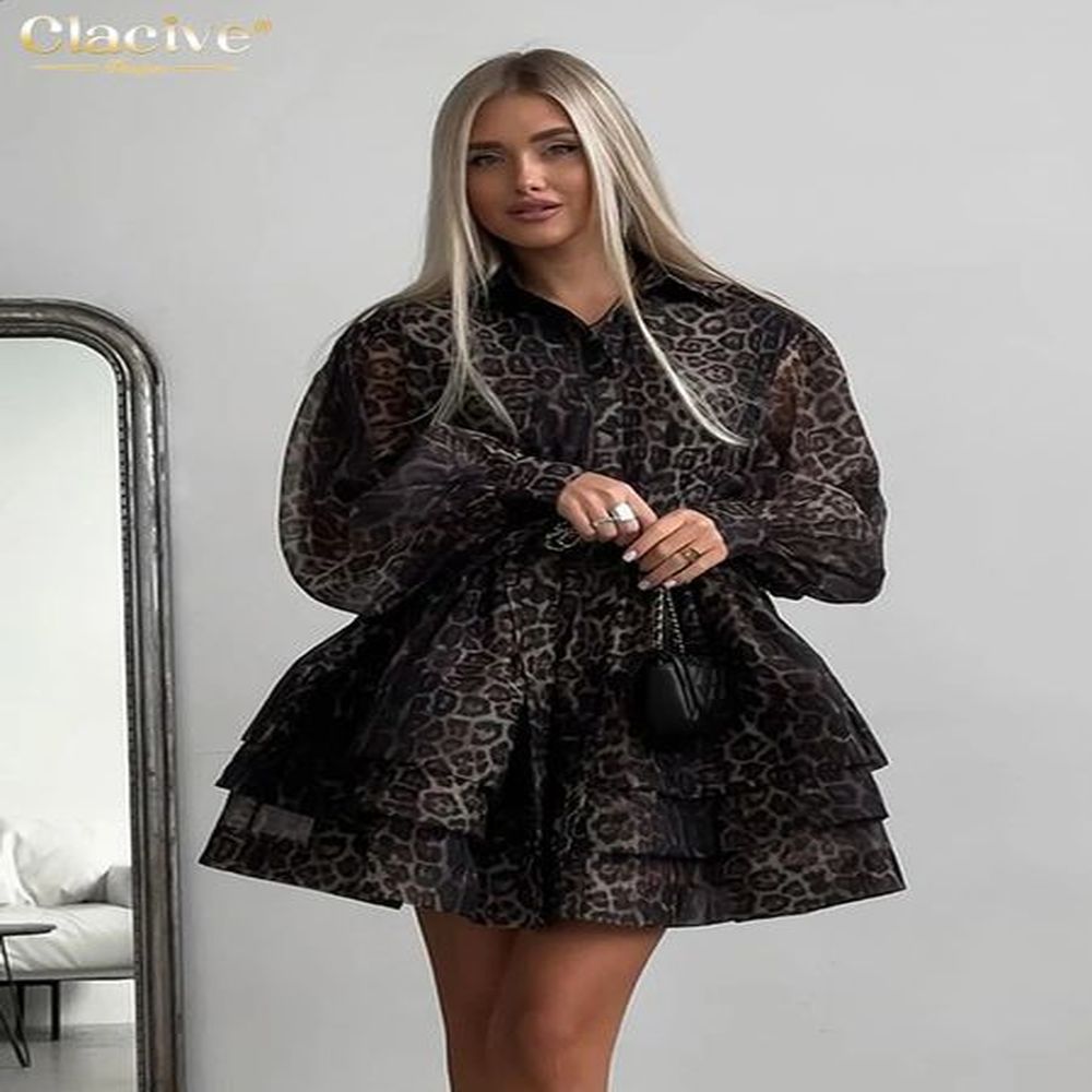 clacive fashion leopard print womens dress vintage lapel long