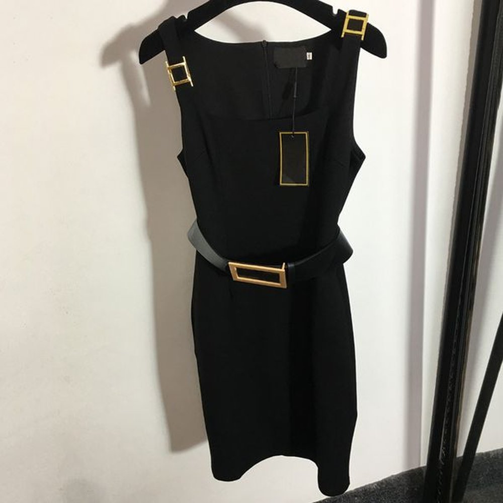 classy belt sleeveless dresses gold button skirts women black casual