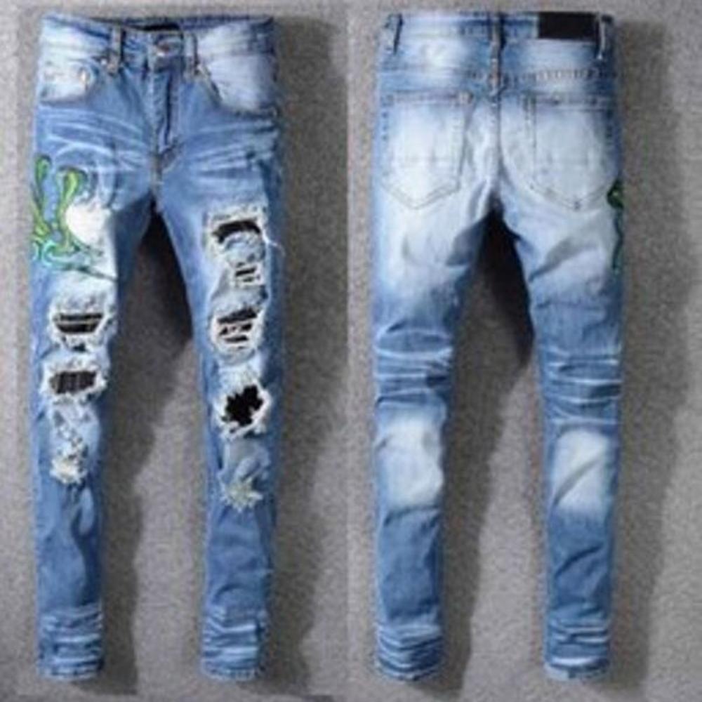 Clothing Men's Jeans Pants Men Women T Shirts Panther Print Army Green Destroyed Mens Slim Denim Straight Biker Skinny Jeans Men Size 2