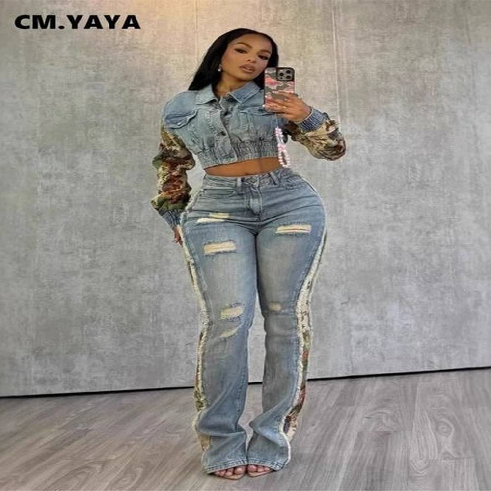 cmyaya denim womens set floral patchwork full sleeve button fly