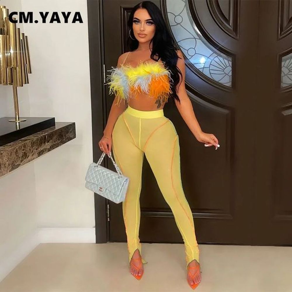 cmyaya elegant womens mesh set with split bottom pants and