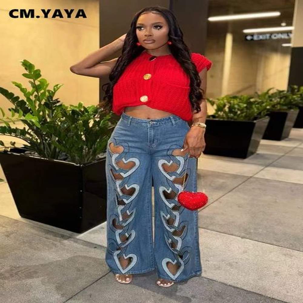 cmyaya women vintage cutout love hollow out cross straight denim