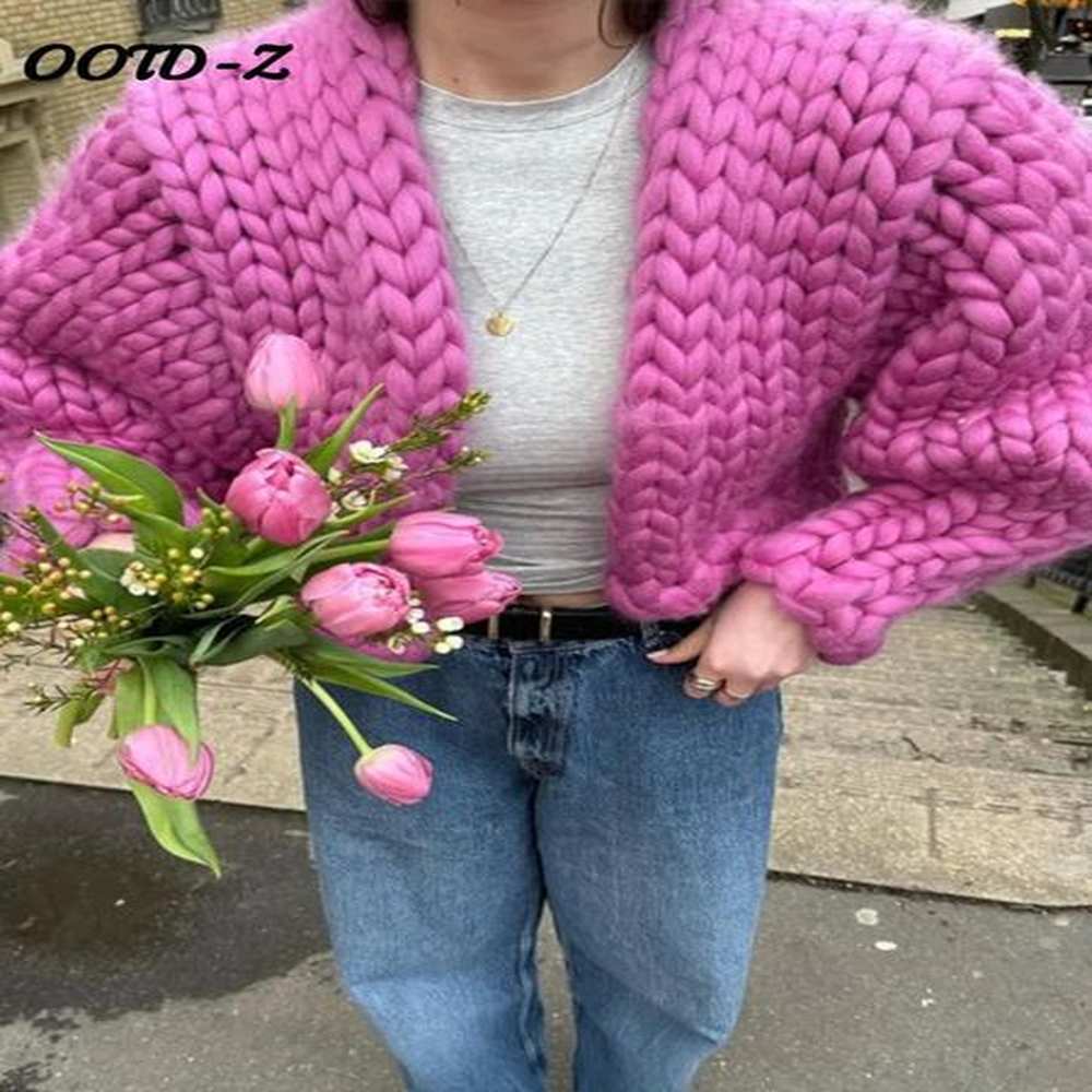coarse twist knit womens cardigan rose loose long lantern sleeve