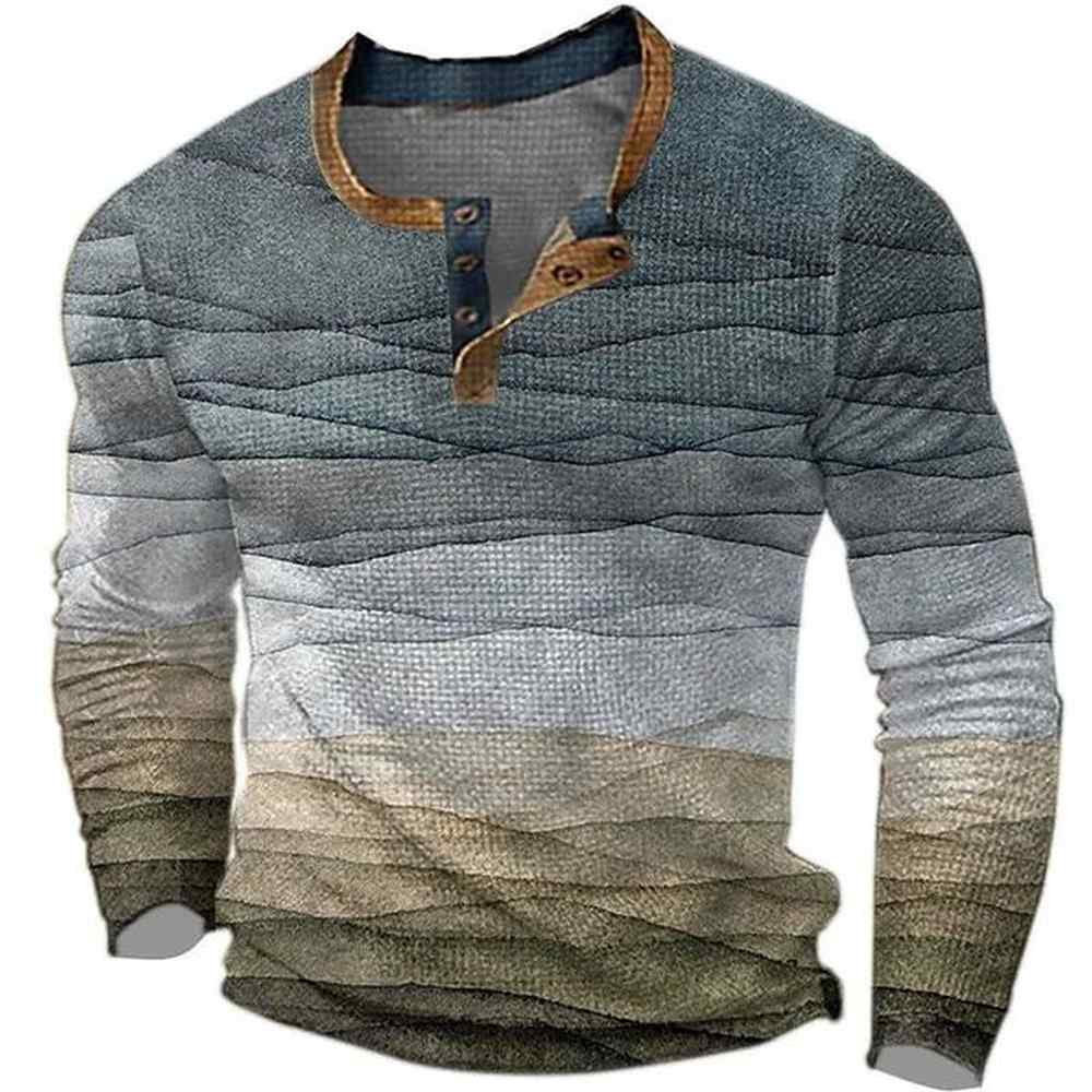 Color Block Henley Shirts Gradient 3D Print Streetwear Mens Fashion ButtonDown Long Sleeve T Shirt Man Male Tees Tops Clothing 250113