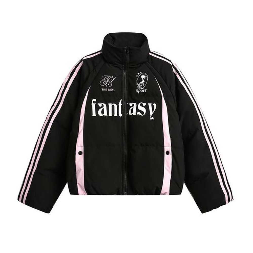 Color blocked stand up collar, bread, cotton clothing, trendy men's clothing, letter printed loose casual three bar thick cotton coat,