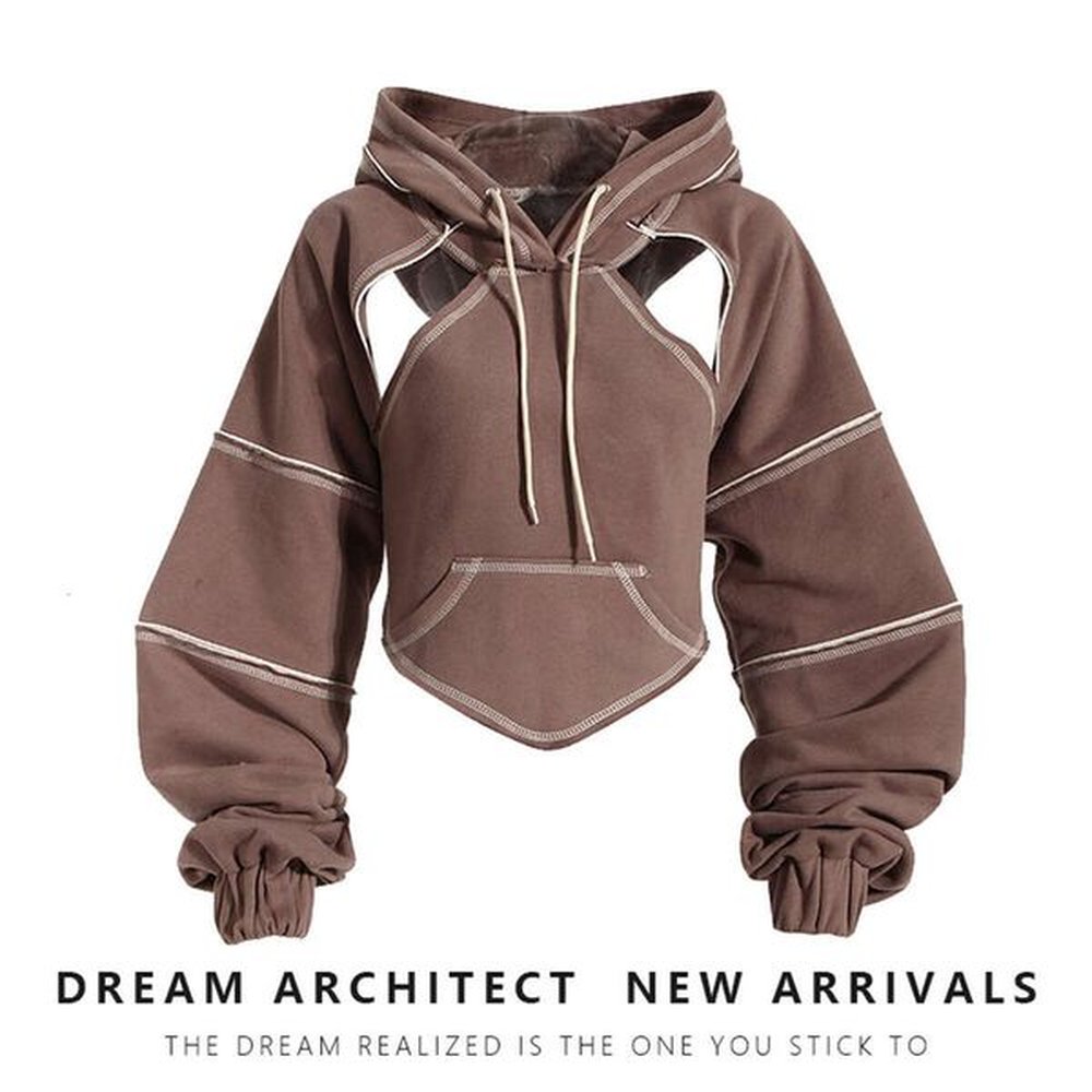 Color blocking bright thread short hooded sweatshirt for women in spring layered cover shirt, hip hop trendy long sleeved top with camisole