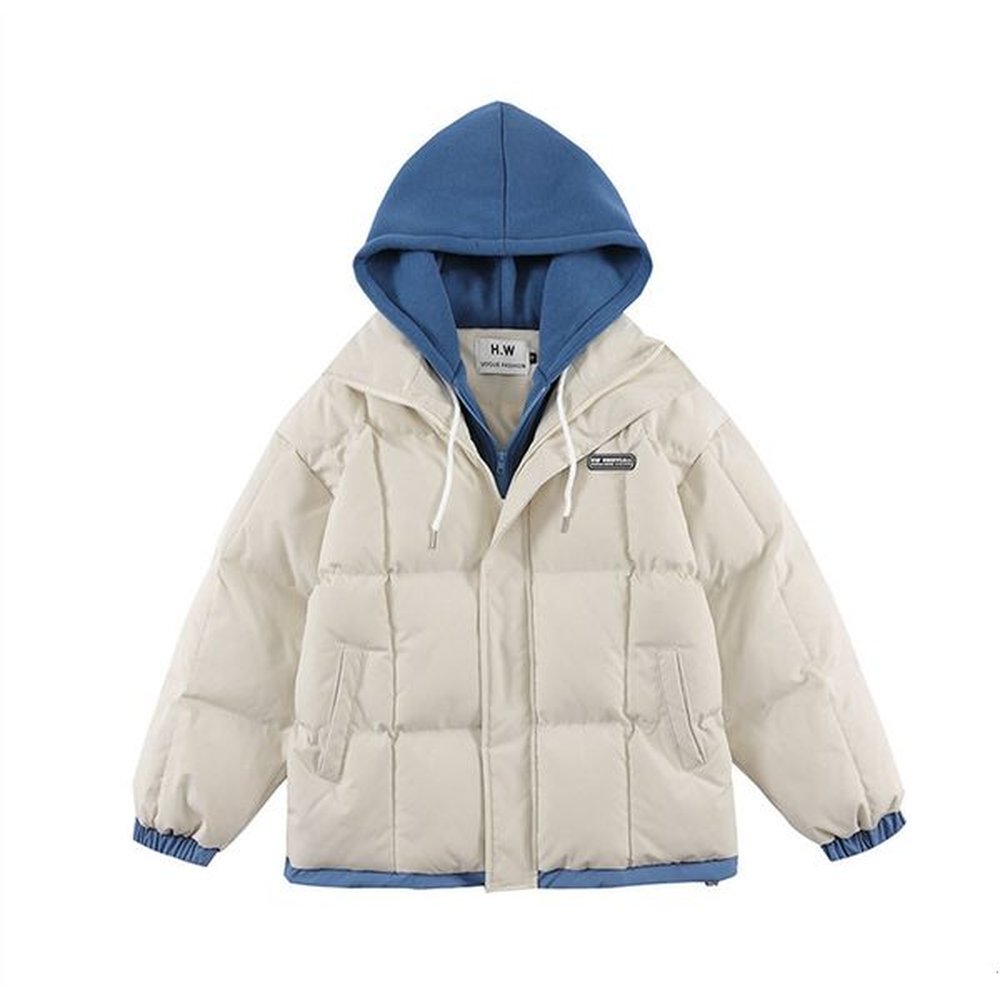 Color blocking splicing hooded cotton clothing trendy brand high street winter men's clothing fake two-piece double-layer zipper loose