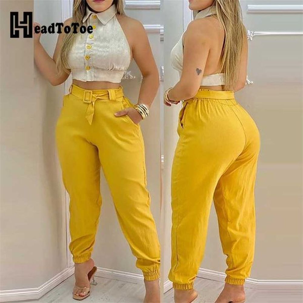 colorblock backless crop top plain pants set women summer