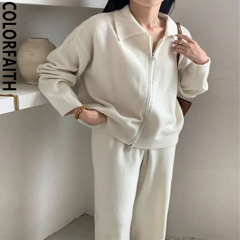 colorfaith new vintage pieces sets cardigans with pants knitted