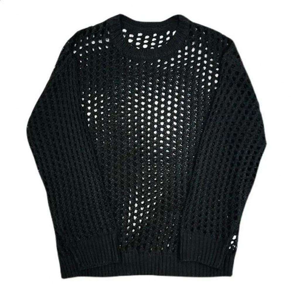Comfortable Men Shirt Mens Hip Hop Mesh Fishnet Clubwear Top Solid Color Round Neck Long Sleeve See-through Pullover for Men 241120