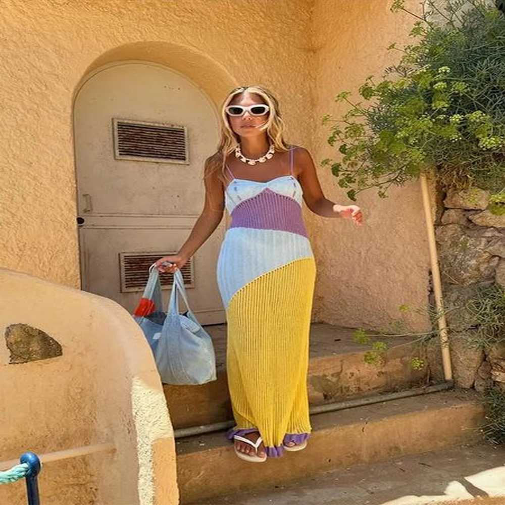 contrast color patchwork knitted dress sexy off shoulder sleeveless long