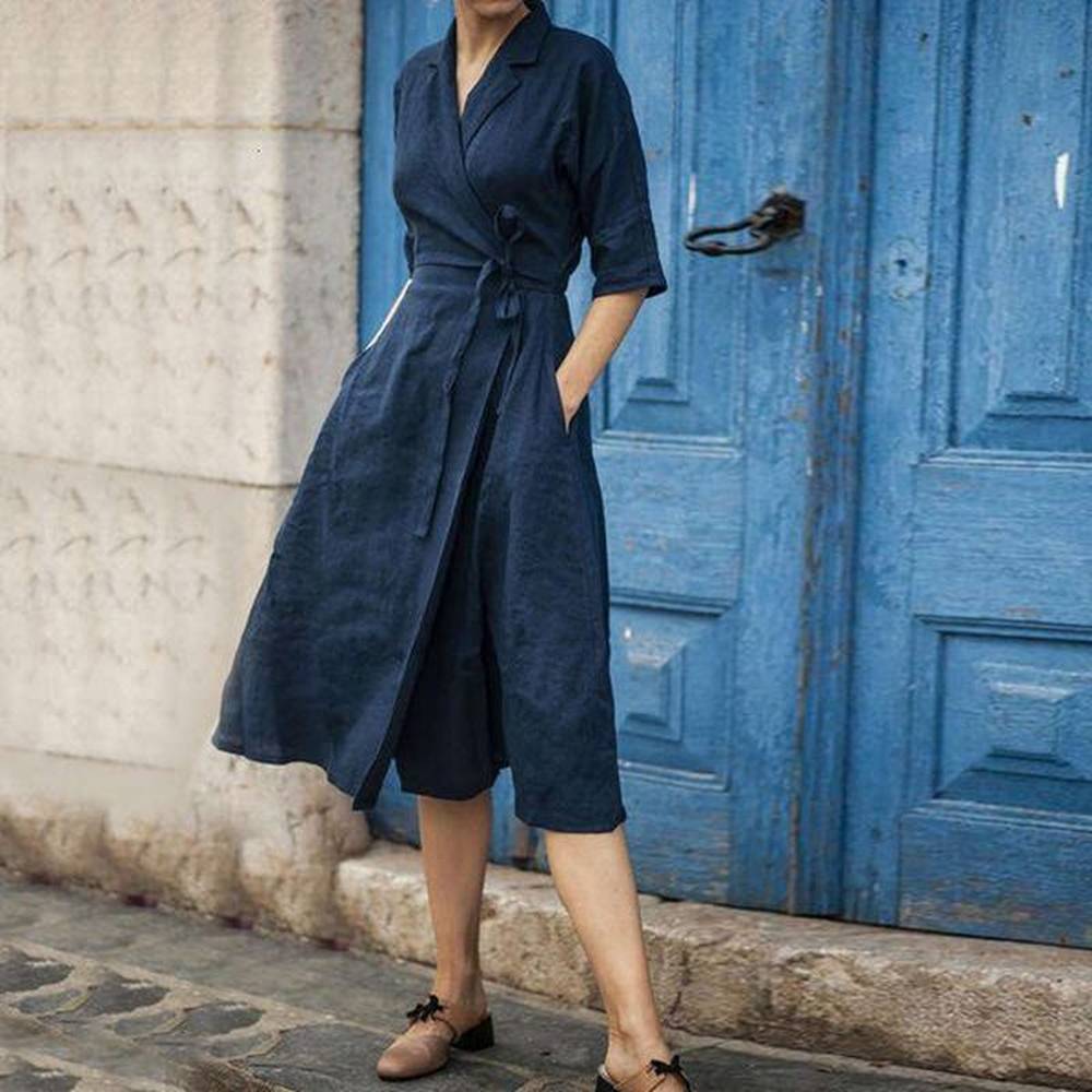 cotton and linen mid sleeve lace up lapel large