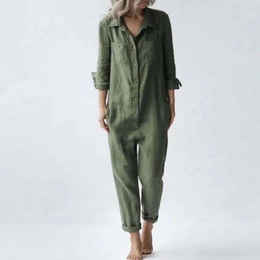 cotton and linen retro jumpsuit for women with single chest
