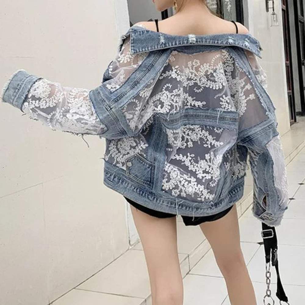 cotton denim coat women lace spring autumn ropa cardigan jeans