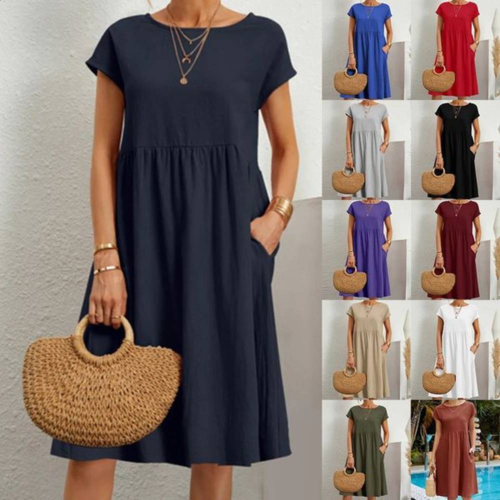 cotton linen dress summer thin women solid color round neck