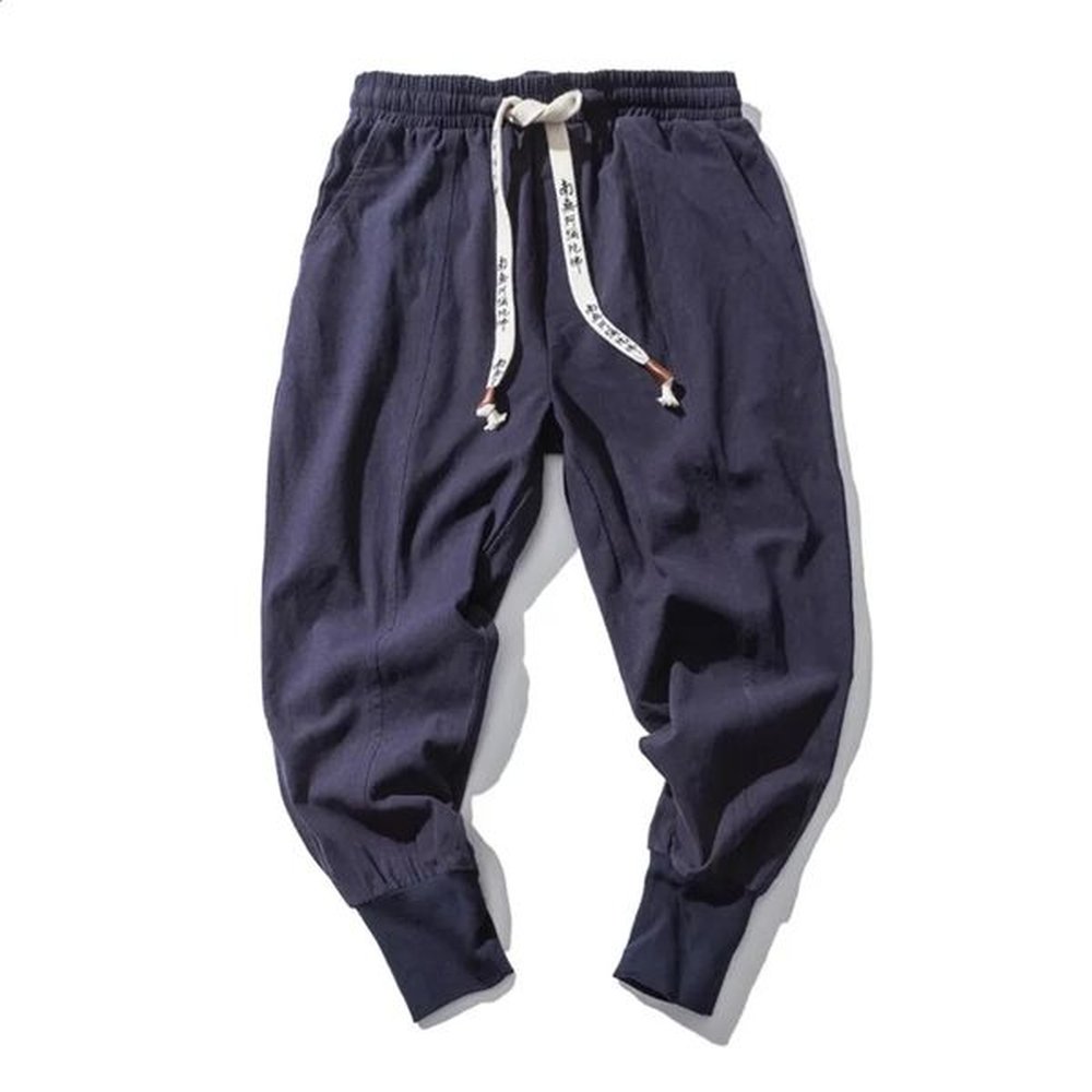 Cotton Linen Harem Pants Men Solid Elastic Waist Streetwear Joggers Baggy Dropcrotch Casual Trousers 241230