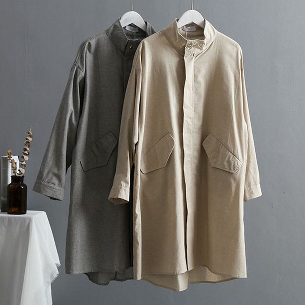 cotton linen vintage women trench coats long sleeve tunic stand
