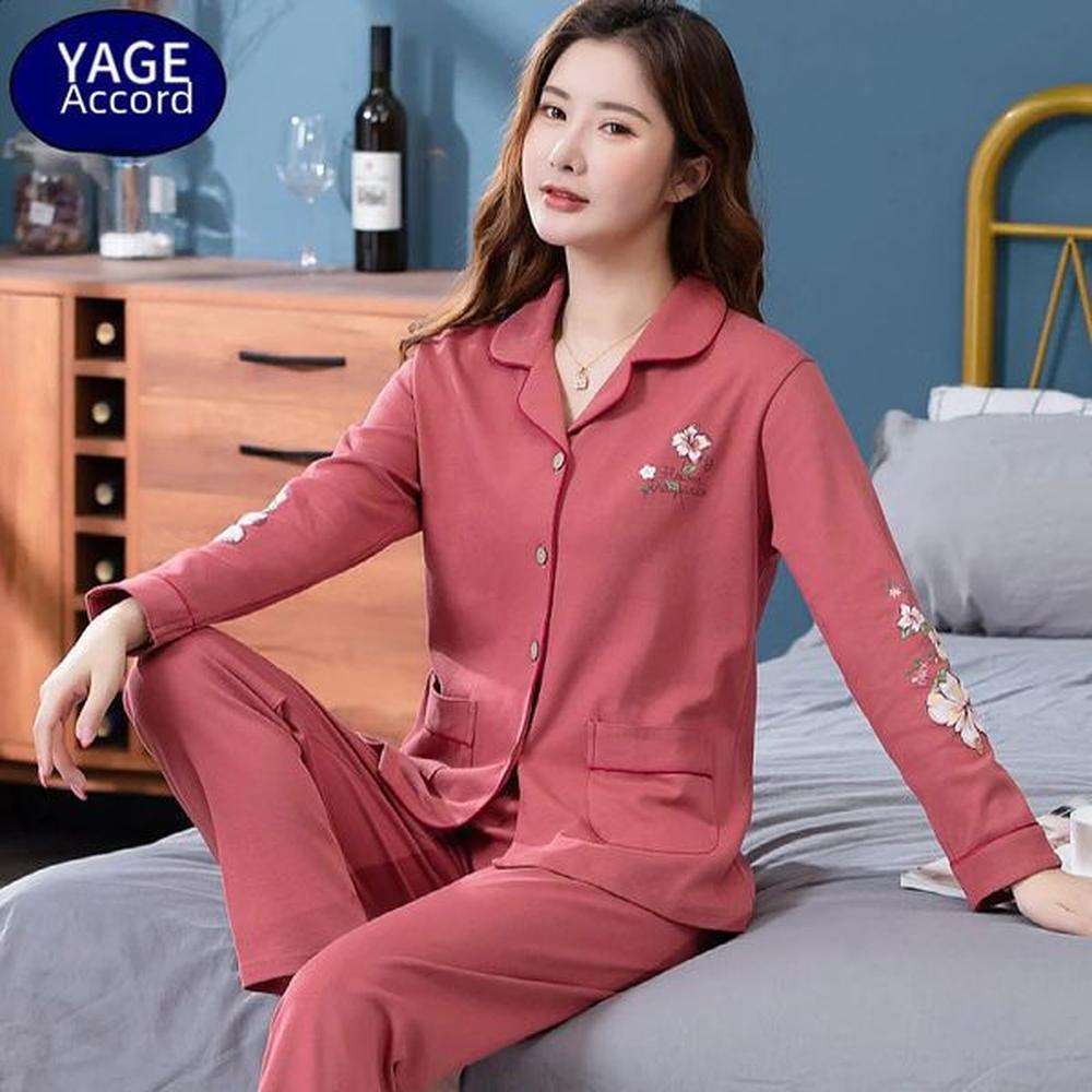 cotton long sleeved open top pajama set suitable for middleaged