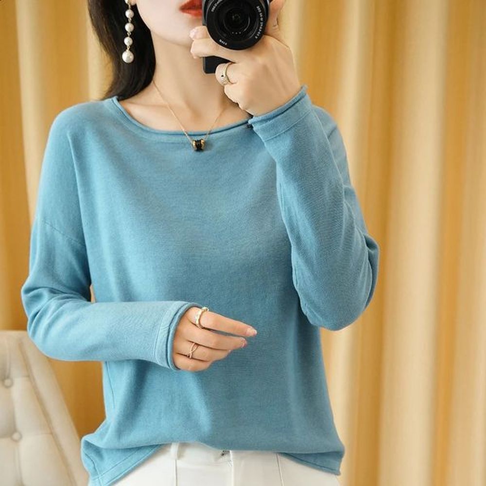 cotton women knit sweater crimped edge oneck pullover bottoming