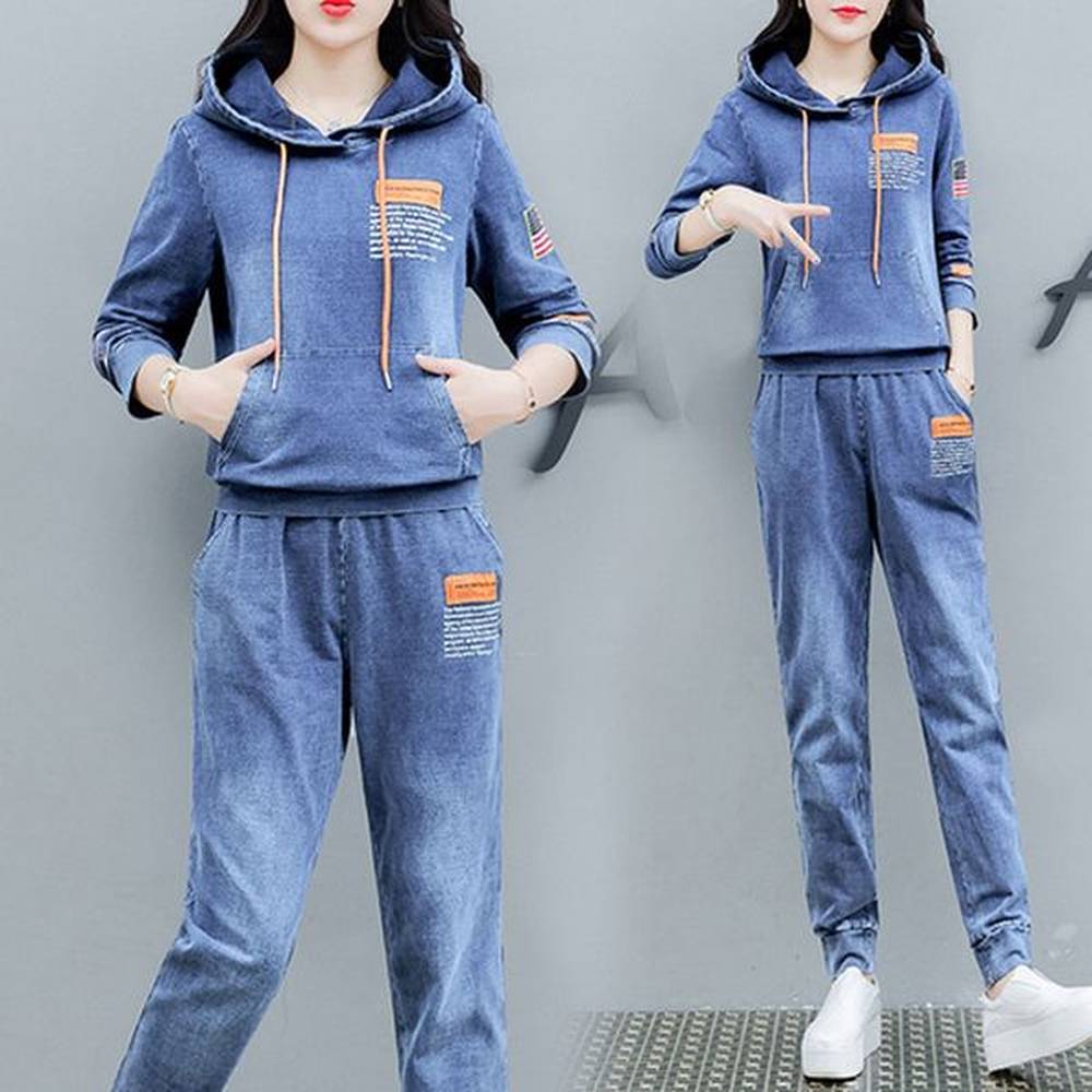 cowdy set denim two piece set women casual hooded