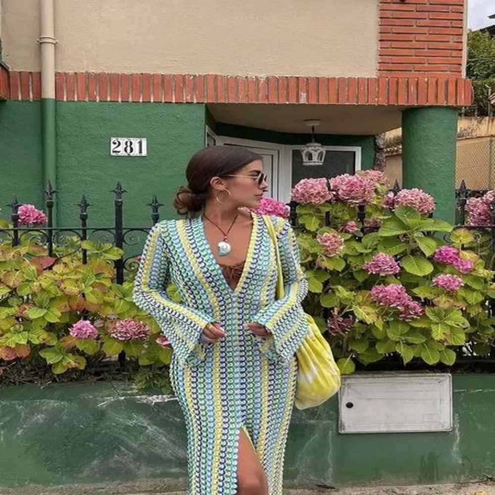 crochet colorful stripe maxi dress women flare sleeve vneck high
