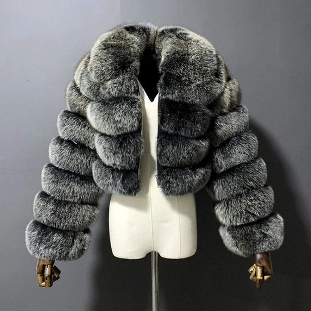 cropped faux fur women coats zipper streetwear casual turndown collar