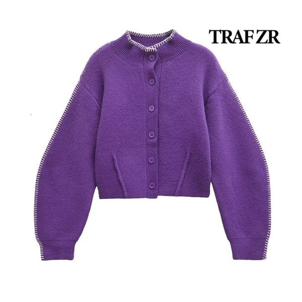cropped long sleeve cozy sweaters purple oneck knitwear cardigan yk